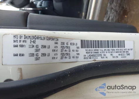 2002 Jeep Grand Cherokee Laredo z USA, uszkodzony, nr VIN 1J4GX48S62C233755